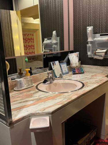 神戶的住宿－STYLISH，浴室的柜台设有水槽和镜子