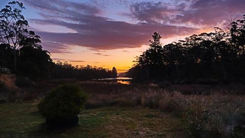 a sunset over a field with a river and trees at The King Suite at Mill Cottage in Garden Island Creek