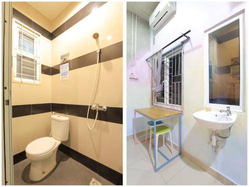 2 Bilder eines Badezimmers mit WC und Waschbecken in der Unterkunft OYO 90021 Tokidoki X Ah123 Residence in Medan