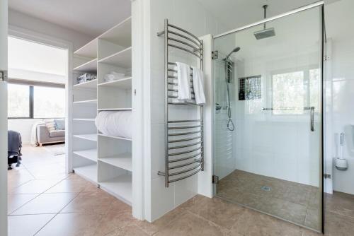 a bathroom with a shower and a walk in closet at Hadspen Riverview Retreat: Main House in Hadspen