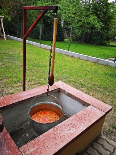 a bowl of soup in a concrete trough with a bat at Csillag Vendégház Kiskunmajsa in Kiskunmajsa
