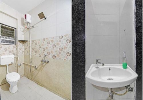 Duas fotografias de uma casa de banho com um lavatório e um WC. em KHUSH EXECUTIVE em Pune