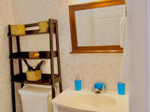a bathroom with a sink and a mirror and a toilet at Roatan’s green view getaway. in Roatán