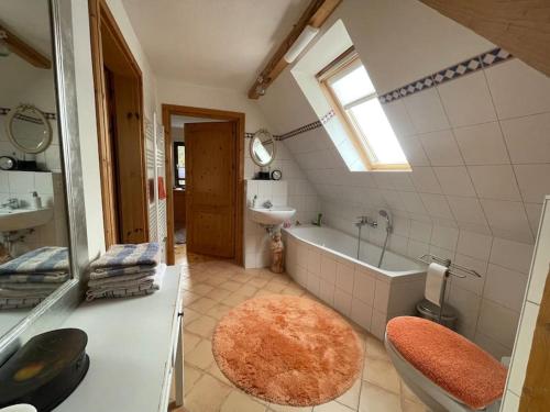 a bathroom with a bath tub and a sink at Landhaus Anke in Roduchelstorf