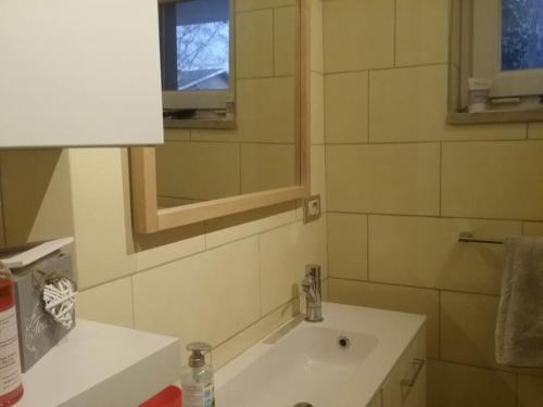 uma casa de banho com um lavatório e um espelho em Appartamento Super Confortevole em Gaglianico