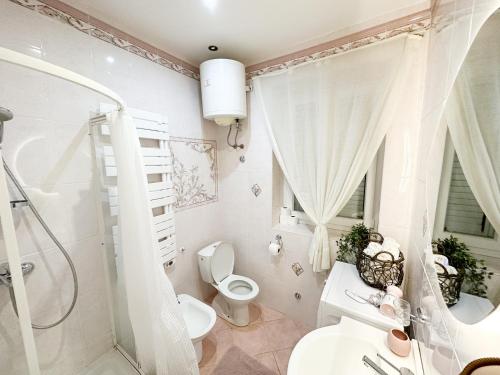a bathroom with a shower and a toilet and a sink at Seafront apartment with amazing view in Jezera