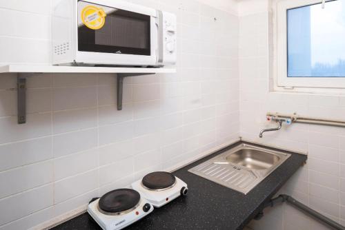 a kitchen with two burners on a counter with a microwave at Penzion a ubytovna Oáza in Otrokovice