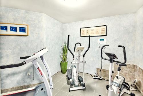 a gym with three exercise bikes in a room at Leonfeldner-Hof in Bad Leonfelden