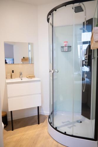 une douche en verre dans une salle de bain avec un lavabo dans l'établissement Studio Ensoleillé 2pers wifi, à Saint-Quentin