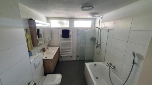 a bathroom with a shower and a toilet and a sink at COSI - Komfortables Privatzimmer mit grosser Terrasse und Parkplatz in Kreuzlingen