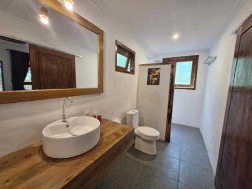 a bathroom with a sink and a toilet at Bale Kebon Rangsot in Pawenang