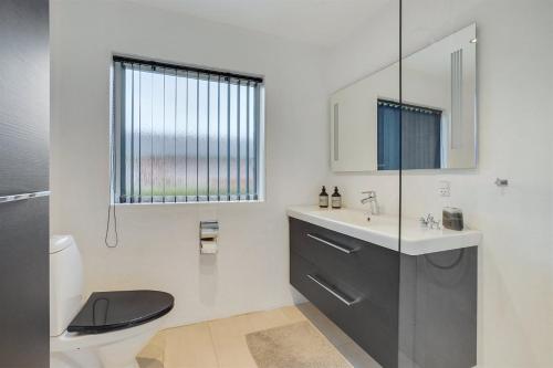 a bathroom with a sink and a toilet and a mirror at Fuhlendorff Ferieboliger - Ballum in Bredebro