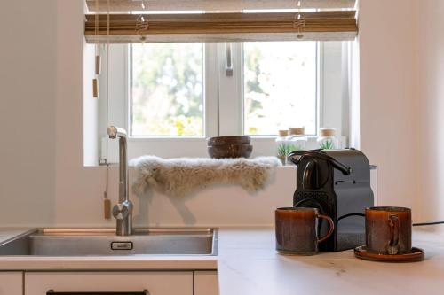 布魯日的住宿－Quick - Charming double room at ranch "De Blauwe Zaal"，带水槽的厨房台面和窗户