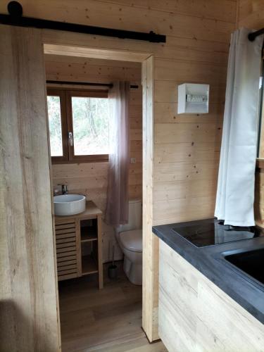 une salle de bain avec toilettes et lavabo dans l'établissement Les lodges d'Adelaide, à Cahuzac-sur-Vère