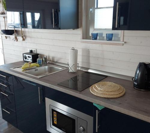 a kitchen with a counter with a sink and a microwave at Knobis-DREAM-PLACE in Fehmarnsund