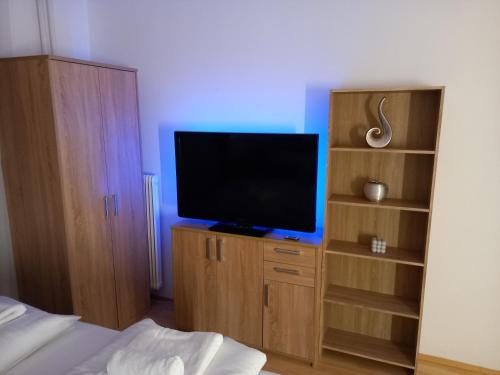 een slaapkamer met een televisie op een houten entertainmentcentrum bij Apartment near Downtown in Wenen