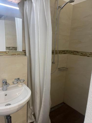 ein Bad mit einer Dusche und einem Waschbecken in der Unterkunft Hotel Krone in Wassen