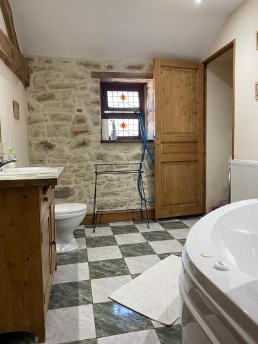 baño con aseo y pared de piedra en Maison Brandon, en La Chapelle-Montbrandeix
