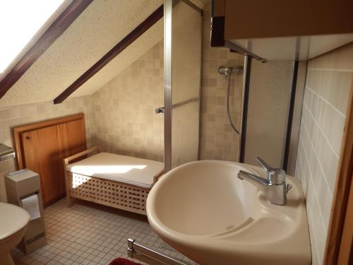 a bathroom with a sink and a shower and a toilet at Ferienwohnung Georg in Boppard