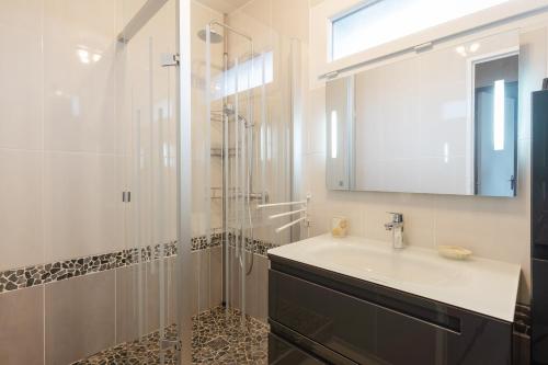 ein Bad mit einem Waschbecken und einer Dusche mit einem Spiegel in der Unterkunft L'Abri du Cap Horn - Proche plage pour 4 in Courseulles-sur-Mer