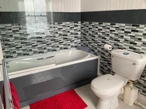 a bathroom with a toilet and a bath tub with a toilet at No 52 bed and breakfast in Helston