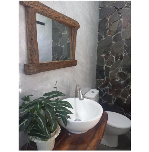 ein Badezimmer mit einem Waschbecken, einem WC und einem Spiegel in der Unterkunft Cathy's place in Kampungdurian