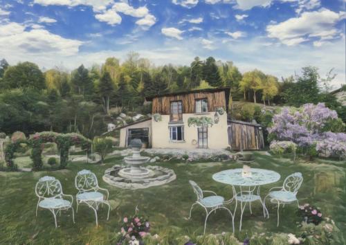 a painting of a house with a fountain in the yard at Lodge tente les pommiers Ô rendez-vous en demi-pension in Roquefeuil