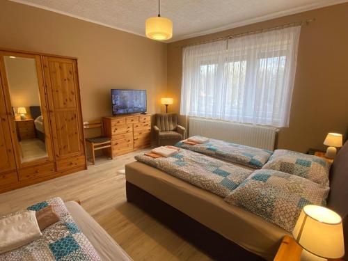 a bedroom with two beds and a television and a chair at Patak-parti Vendégház in Bakonynána