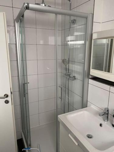 a bathroom with a shower and a sink at Schönes Apartment in München in Munich