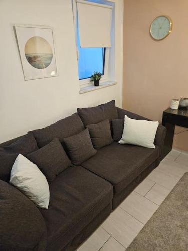 a brown couch in a living room with a window at Schönes Apartment in München in Munich