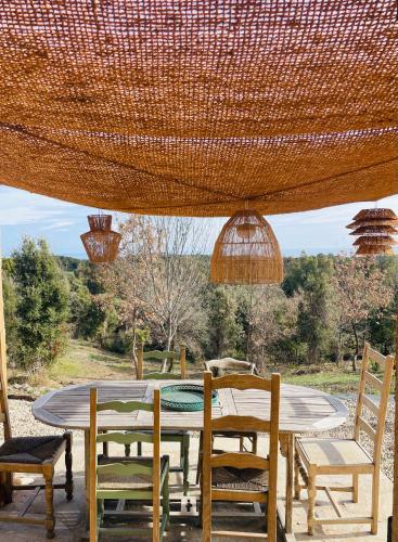 une table et des chaises sous un grand parasol de paille dans l'établissement Maison Murato, à San-Giuliano