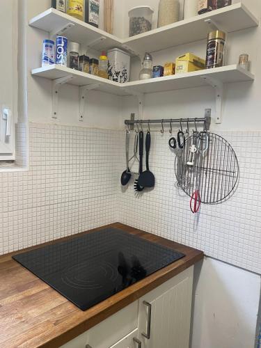 a kitchen with a counter with a sink and utensils at 4 Guests: River & Garden Charm in Budapest