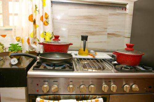 a kitchen stove with two pots and pans on it at Forest Cabins in Nyeri