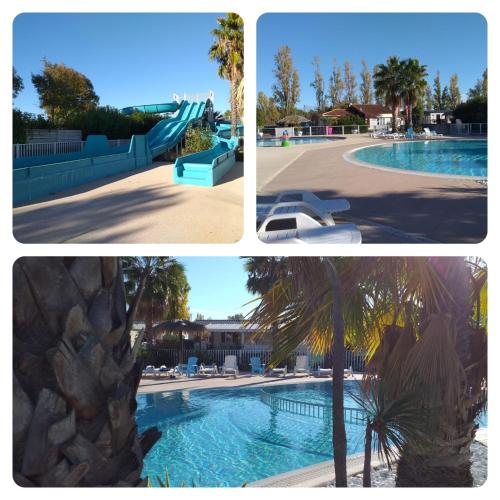 un collage de trois photos d'une piscine dans l'établissement Mobil'Home neuf Camping Montourey à Frejus, à Fréjus