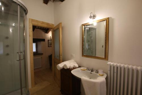 a bathroom with a sink and a mirror and a shower at Golden spur cottage in Pulfero