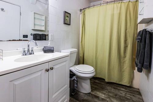 a bathroom with a toilet and a green shower curtain at Zen Treasure - A Mateys Retreat in Christiansted