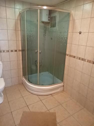 La salle de bains est pourvue d'une douche avec une porte en verre. dans l'établissement Terrasuit, à Antalya
