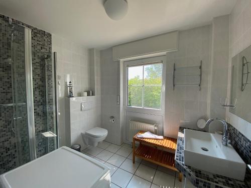 a bathroom with a toilet and a sink and a shower at Seeblick 5 in Zingst