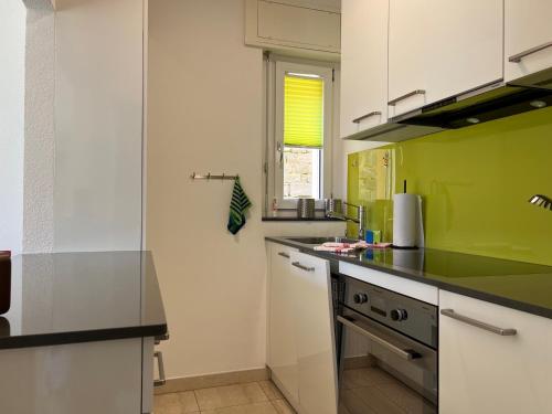 - une cuisine avec des placards verts et blancs et une cuisinière dans l'établissement Muralto - Locarno: Miramonti Apt.5, à Muralto