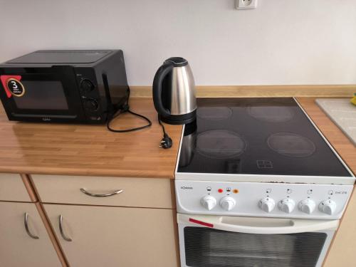 a kitchen with a stove and a microwave at Apartmány Pražská in Ústí nad Labem