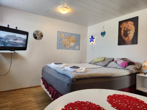 um quarto com uma cama e uma televisão na parede em Pokój z prywatną łazienką i kuchnią z hot pot em Keflavík