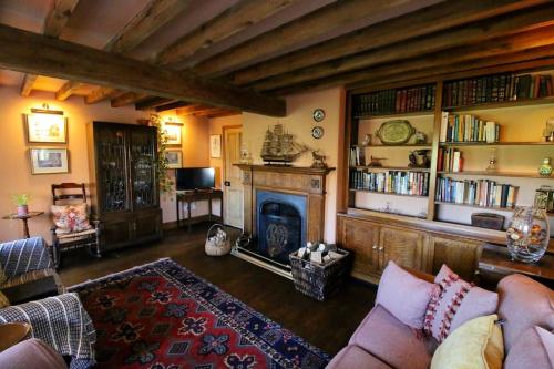 salon z kominkiem i półką na książki w obiekcie Characterful Yorkshire cottage, beautiful views w mieście York