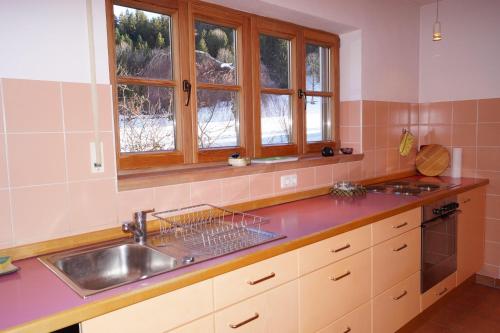 a kitchen with a sink and a counter top at Ferienhaus-Eschenlohe-Direkt-in-Bergnaehe-Wanderungen-und-Mountainbike-vom-Haus-aus-moeglich in Eschenlohe