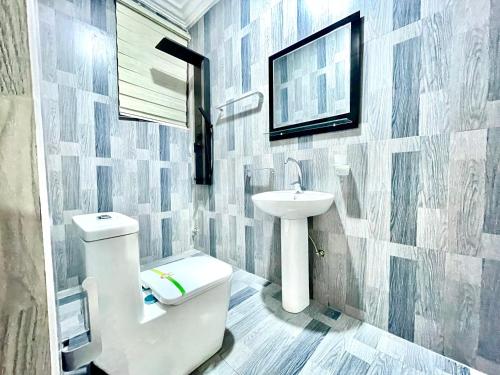 a bathroom with a white toilet and a sink at Kemc Apartment in Ashalebotwe