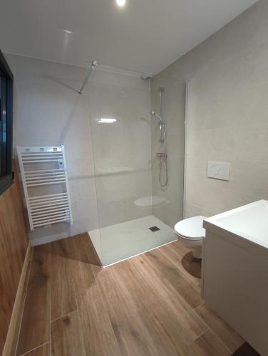 une salle de bain avec une douche, des toilettes et un lavabo dans l'établissement La sentinelle du cap Bear, à Port-Vendres