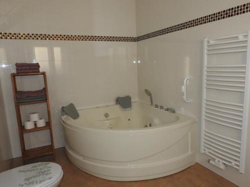 a white bath tub in a bathroom with a toilet at Ferienwohnungen am Hauptplatz in Pirna