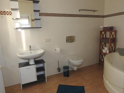 a bathroom with a sink and a toilet and a tub at Ferienwohnungen am Hauptplatz in Pirna