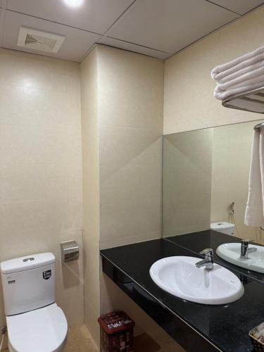 een badkamer met een toilet, een wastafel en een spiegel bij Khách Sạn Đức Phú in Bí Giàng