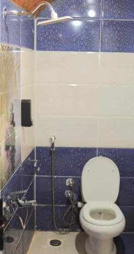a bathroom with a toilet and a blue tiled wall at Old Nubian guest house in Aswan