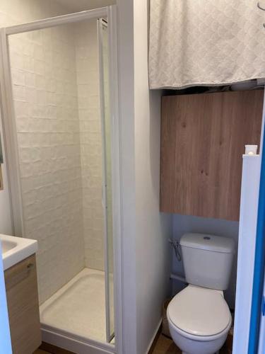 une petite salle de bain avec toilettes et douche dans l'établissement studio Biscarrosse plage, à Biscarrosse